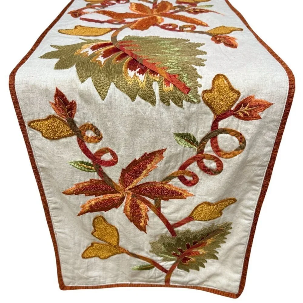PIER 1 IMPORTS Table Runner Embroidered Harvest Floral and Leaves 14x70